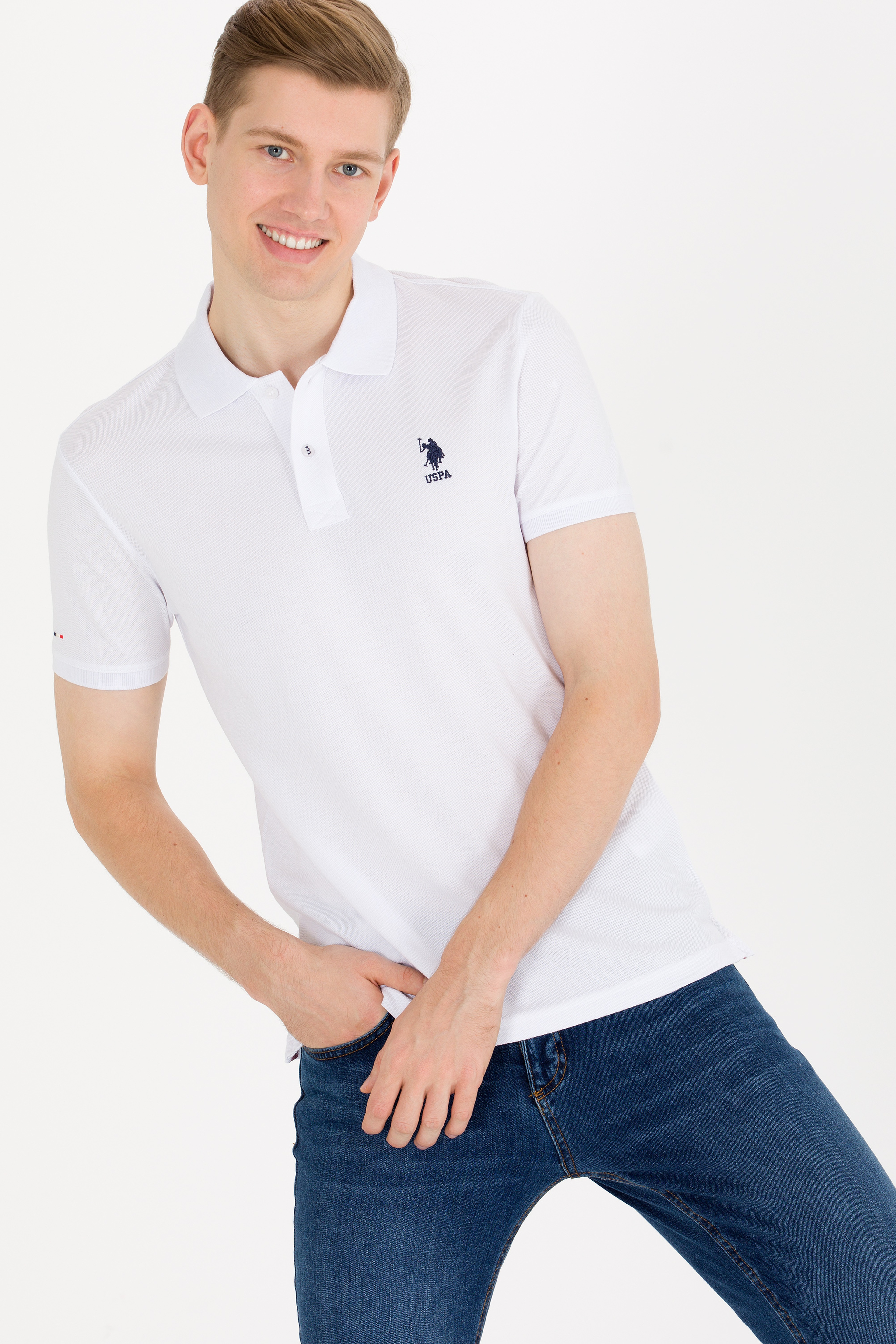 Erkek Beyaz Basic Polo Yaka Tişört - Image 2