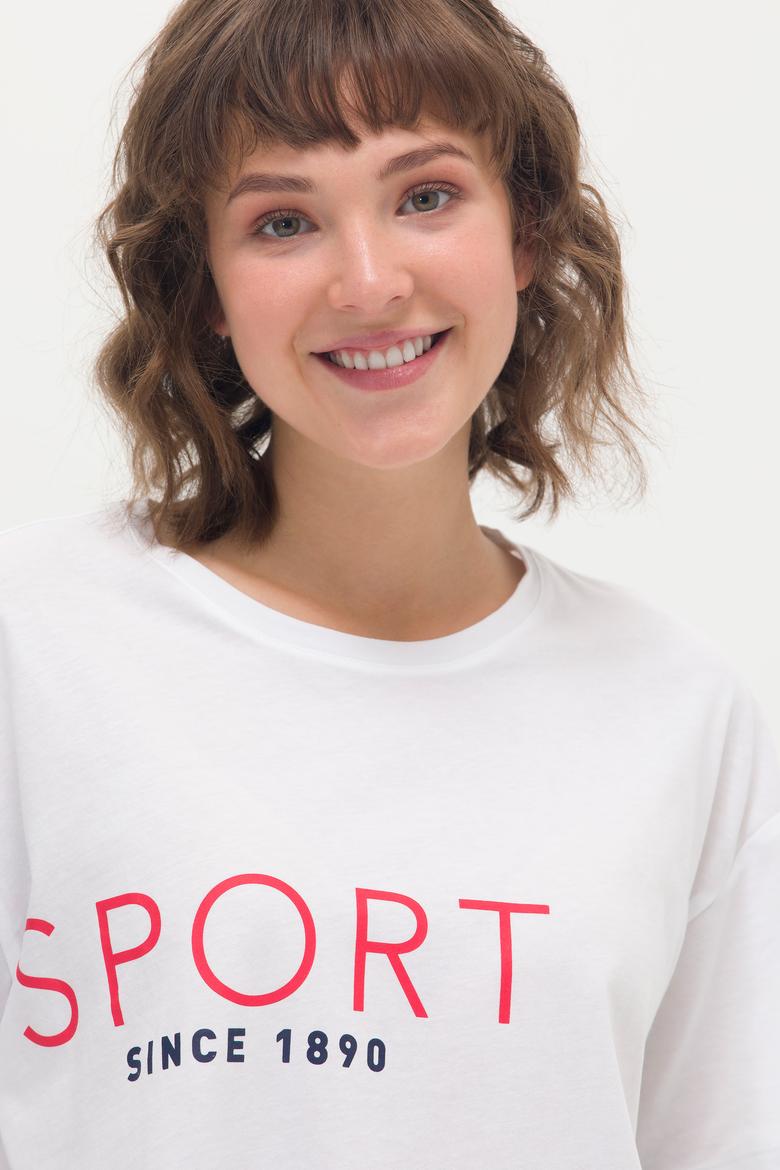 Kadın Beyaz Bisiklet Yaka Tişört - 50264171019