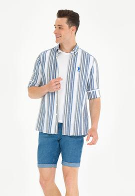 Erkek Saks Çizgili Beyaz Gömlek - 50270272009