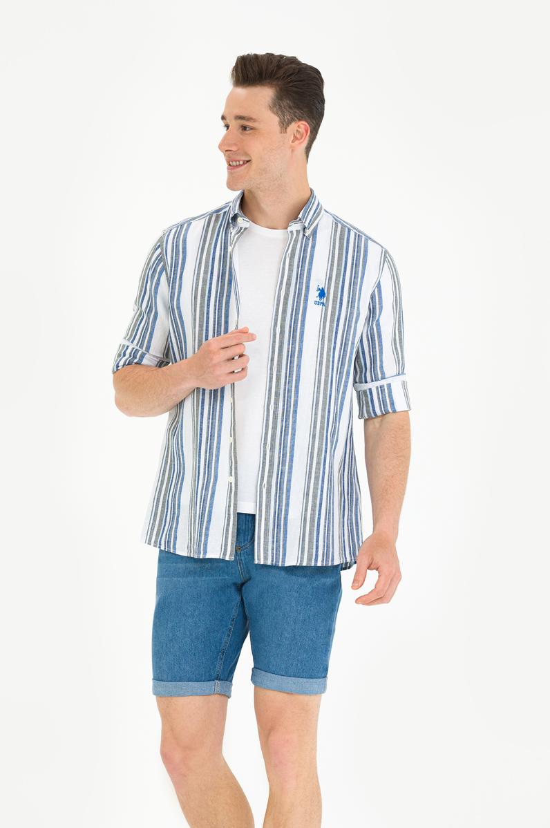 Erkek Saks Çizgili Beyaz Gömlek