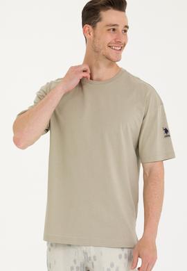 Erkek Haki Oversize Bisiklet Yaka Tişört - 50264917038