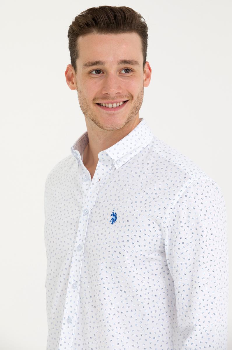 Erkek Saks Baskılı Beyaz Gömlek