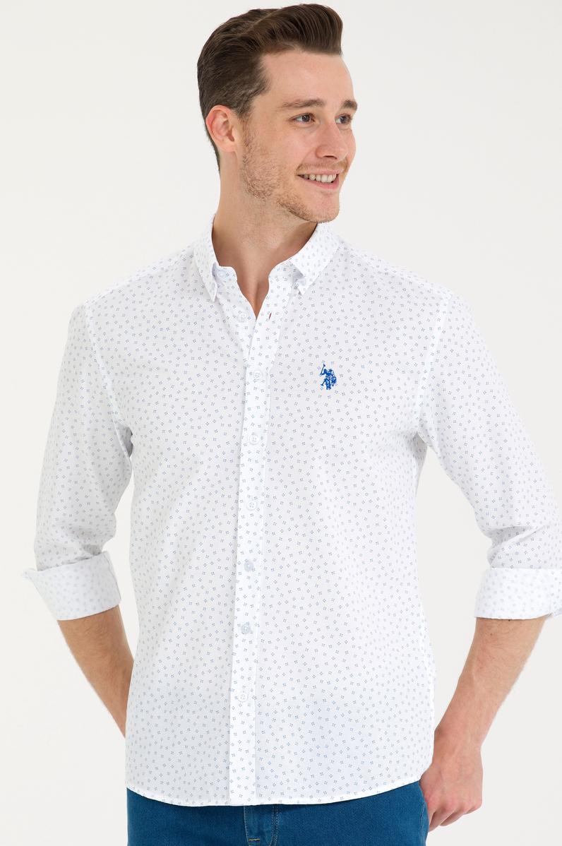 Erkek Saks Baskılı Beyaz Gömlek