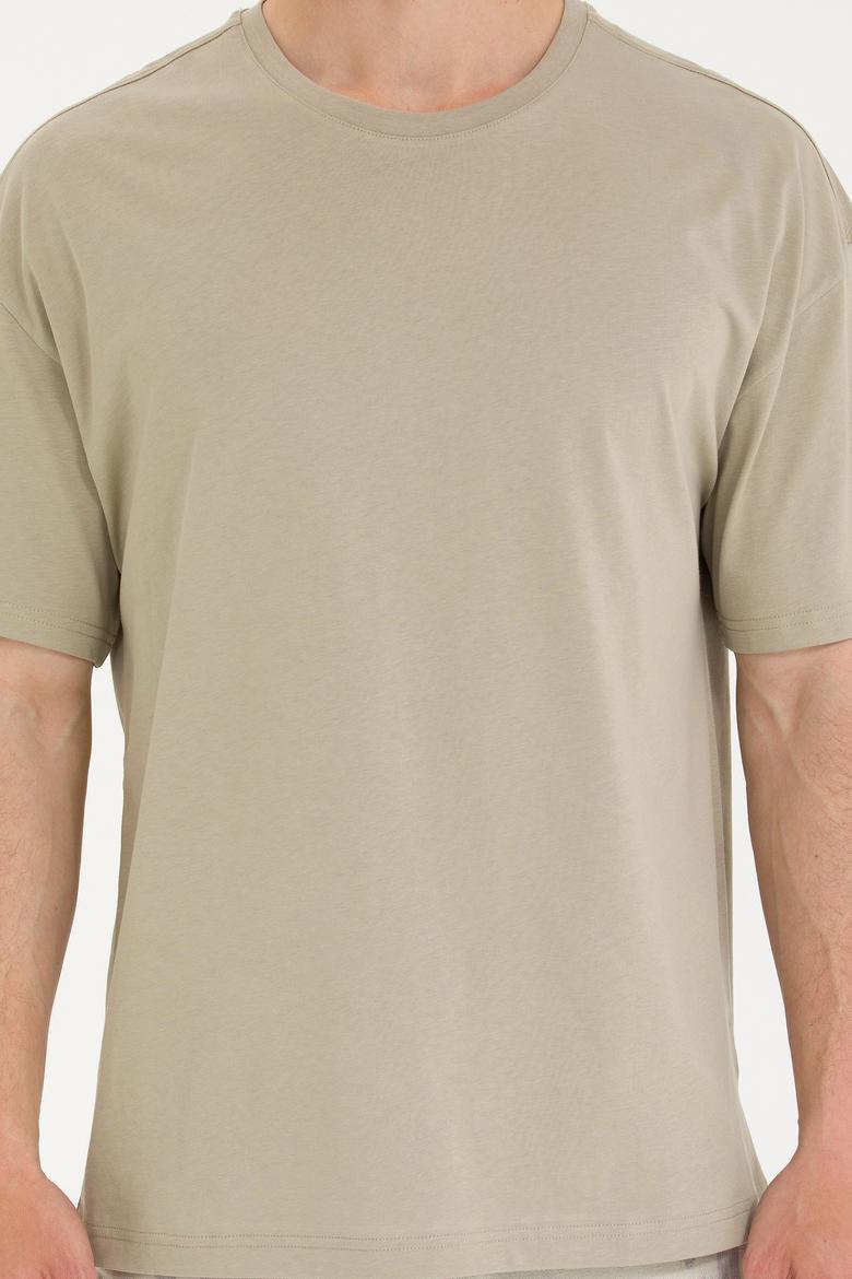 Erkek Haki Oversize Bisiklet Yaka Tişört - 50264917038