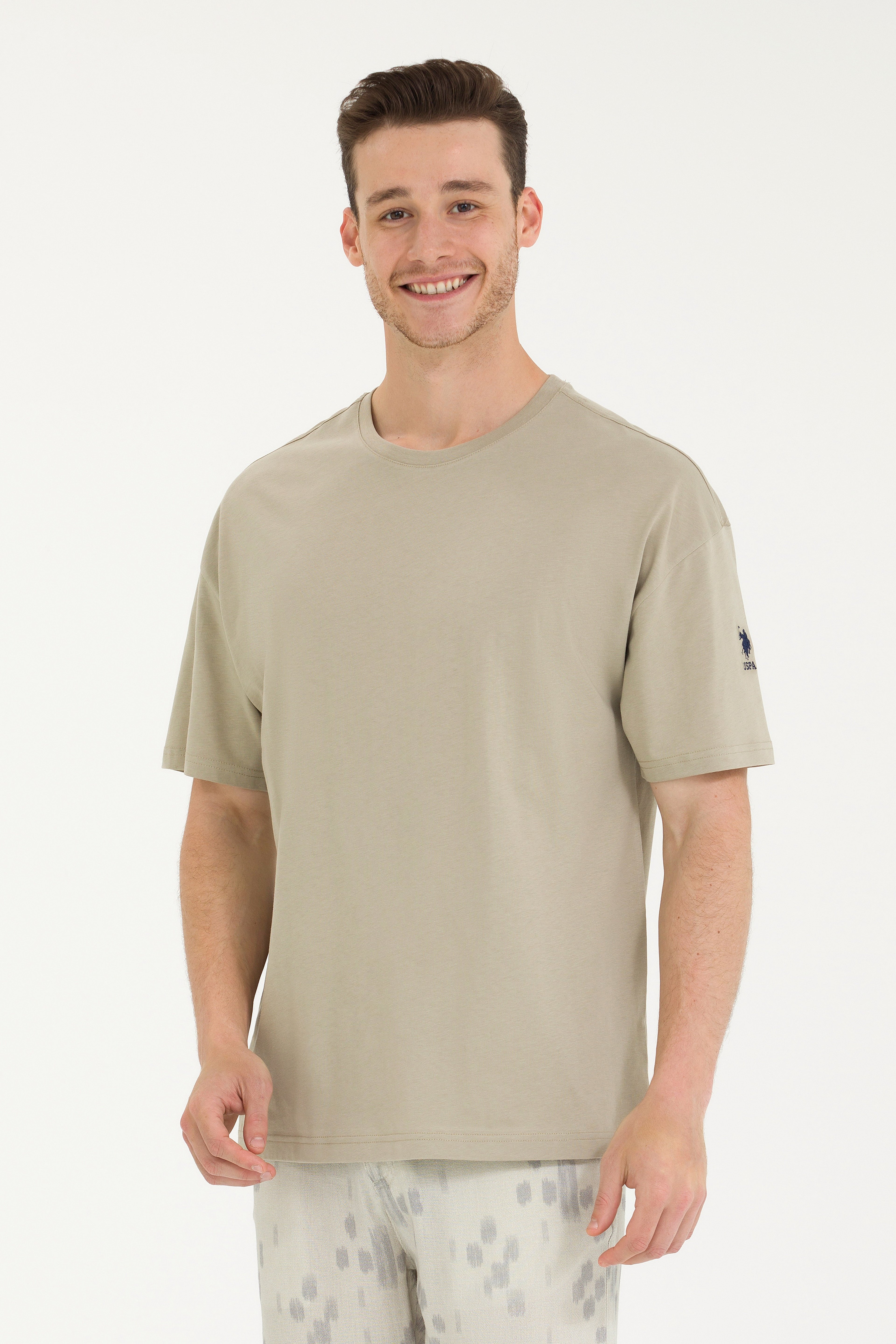 Erkek Haki Oversize Bisiklet Yaka Tişört - Image 3