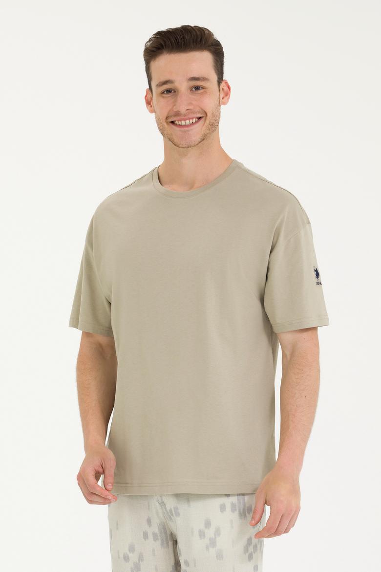 Erkek Haki Oversize Bisiklet Yaka Tişört - 50264917038