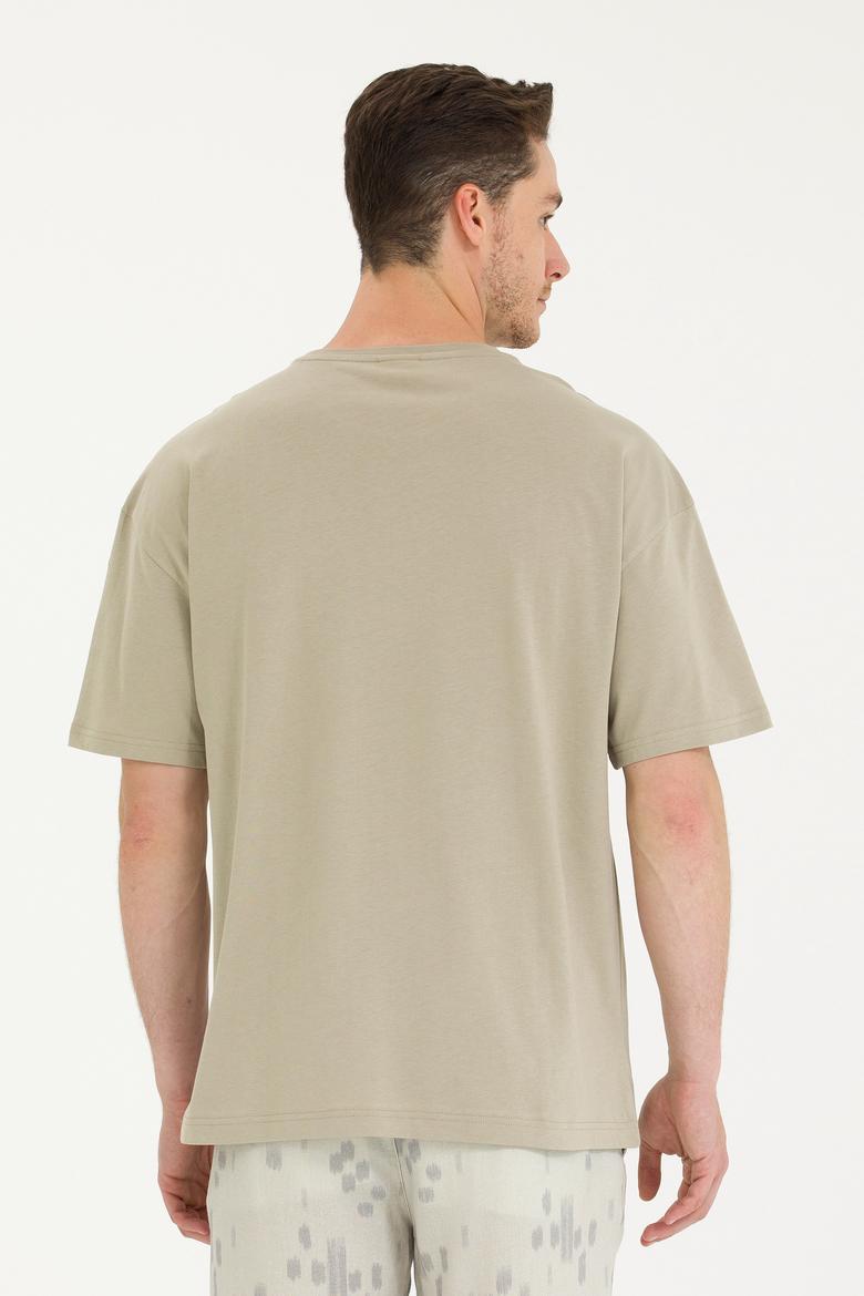 Erkek Haki Oversize Bisiklet Yaka Tişört - 50264917038