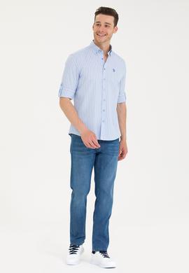 Erkek Beyaz Çizgili Mavi Gömlek - 50265764001