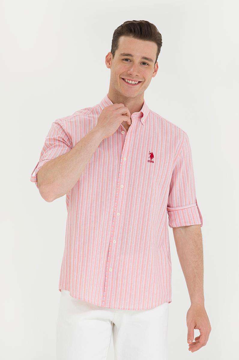 Erkek Beyaz Çizgili Somon Gömlek