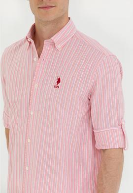 Erkek Beyaz Çizgili Somon Gömlek - 50265493006