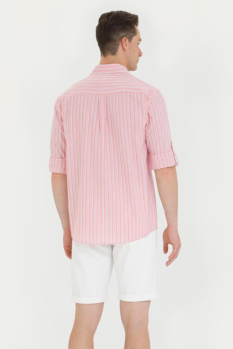Erkek Beyaz Çizgili Somon Gömlek - 50265493006