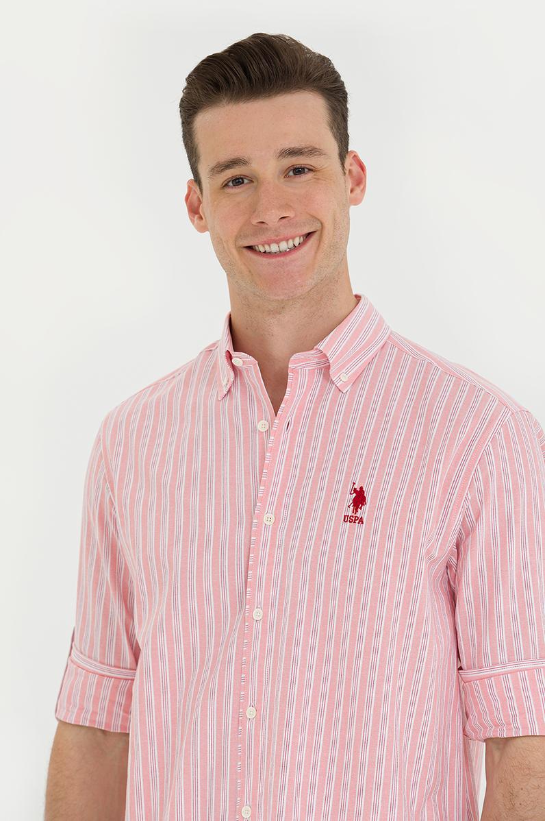 Erkek Beyaz Çizgili Somon Gömlek