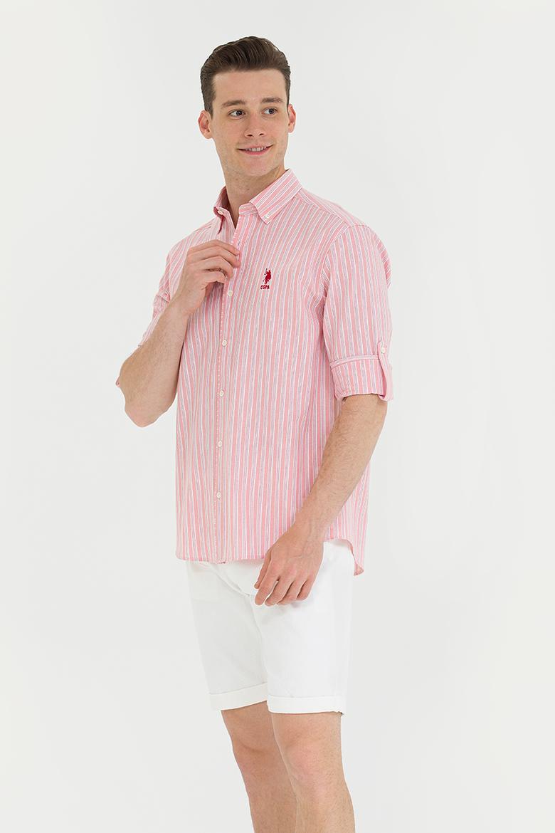 Erkek Beyaz Çizgili Somon Gömlek - 50265493006