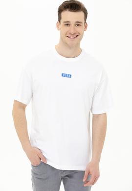 Erkek Beyaz Oversize Bisiklet Yaka Tişört - 50264932056