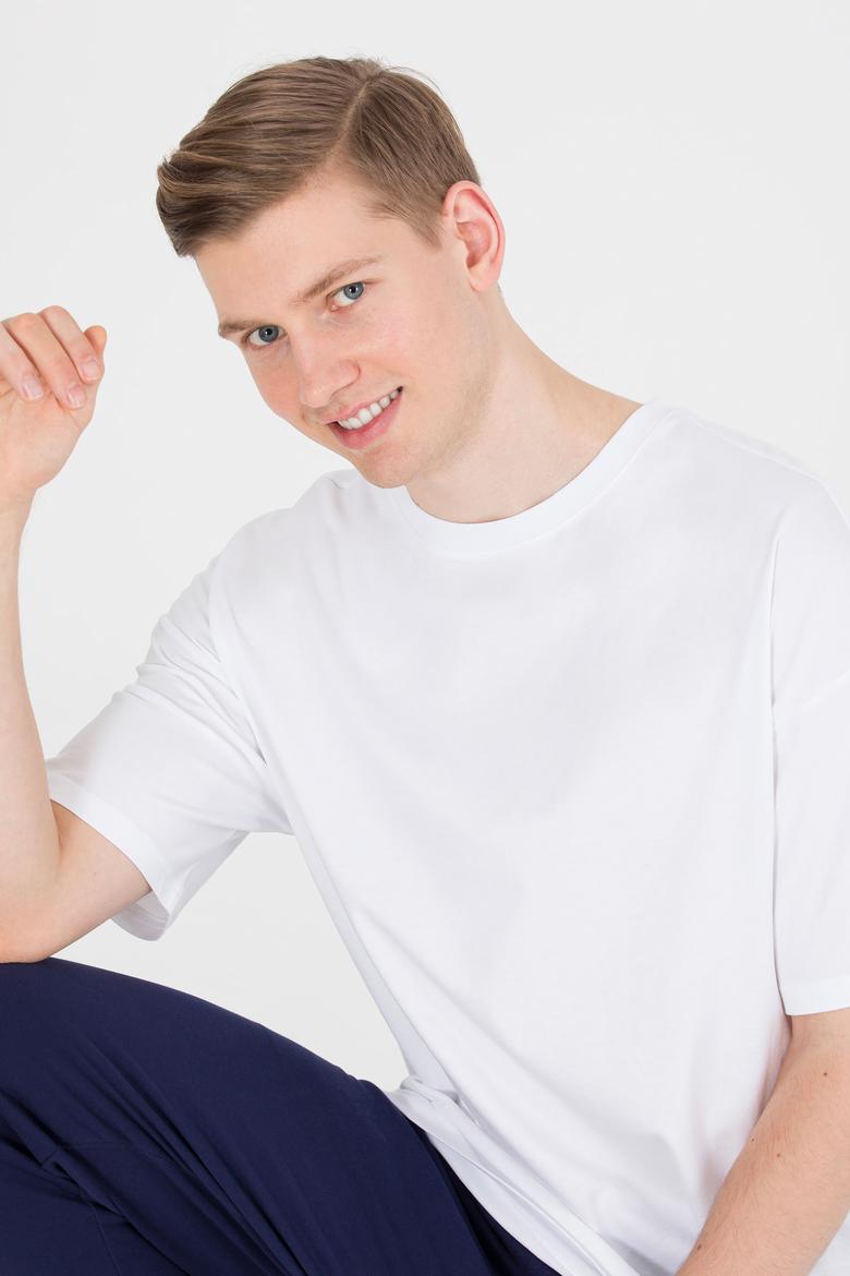 Erkek Beyaz Comfort Long Bisiklet Yaka Tişört - 50265229046