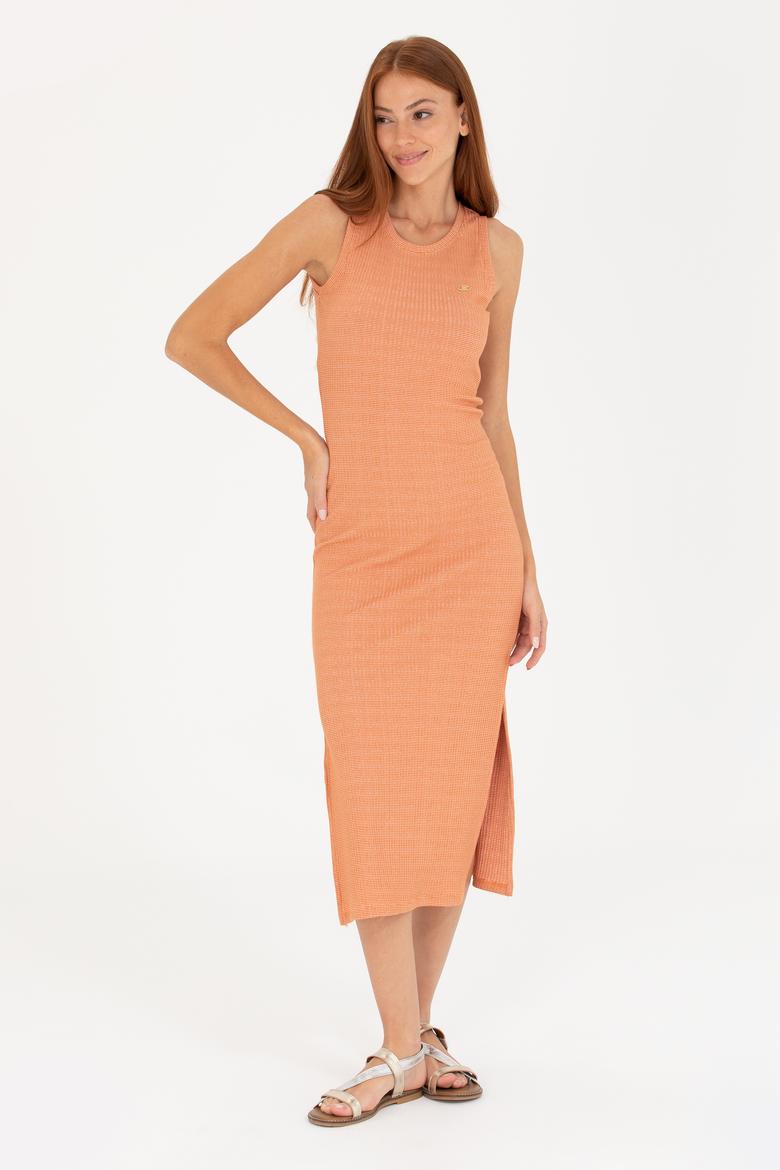 Kadın Kiremit Bisiklet Yaka Midi Boy Örme Elbise