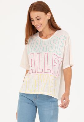 Kadın Krem Bisiklet Yaka Tişört - 50263604027