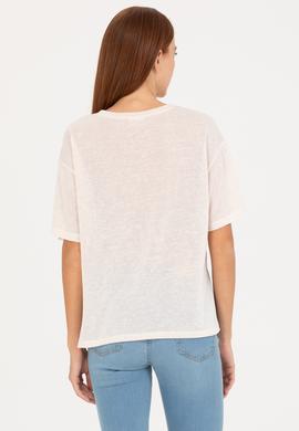 Kadın Krem Bisiklet Yaka Tişört - 50263604027