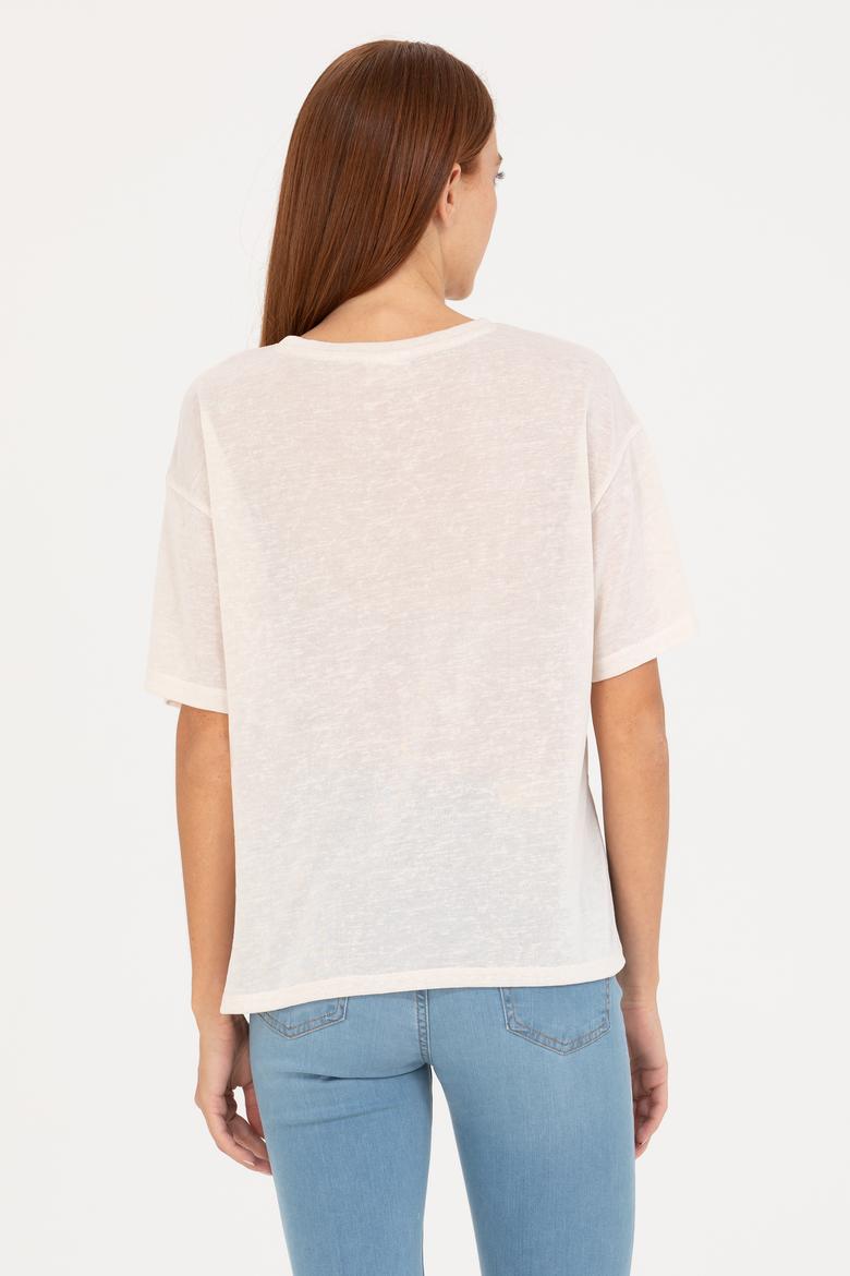 Kadın Krem Bisiklet Yaka Tişört - 50263604027