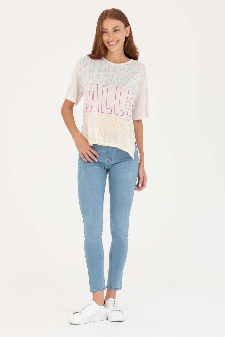 Kadın Krem Bisiklet Yaka Tişört - 50263604027