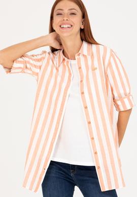 Kadın Kiremit Keten Görünümlü Uzun Kollu Gömlek - 50264441014