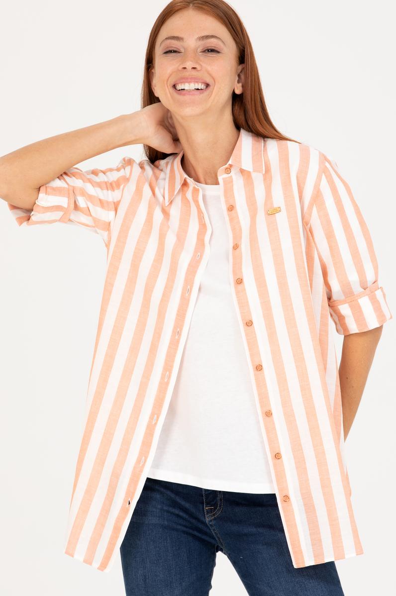 Kadın Kiremit Keten Görünümlü Uzun Kollu Gömlek