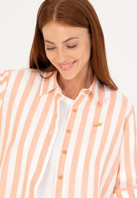 Kadın Kiremit Keten Görünümlü Uzun Kollu Gömlek - 50264441014