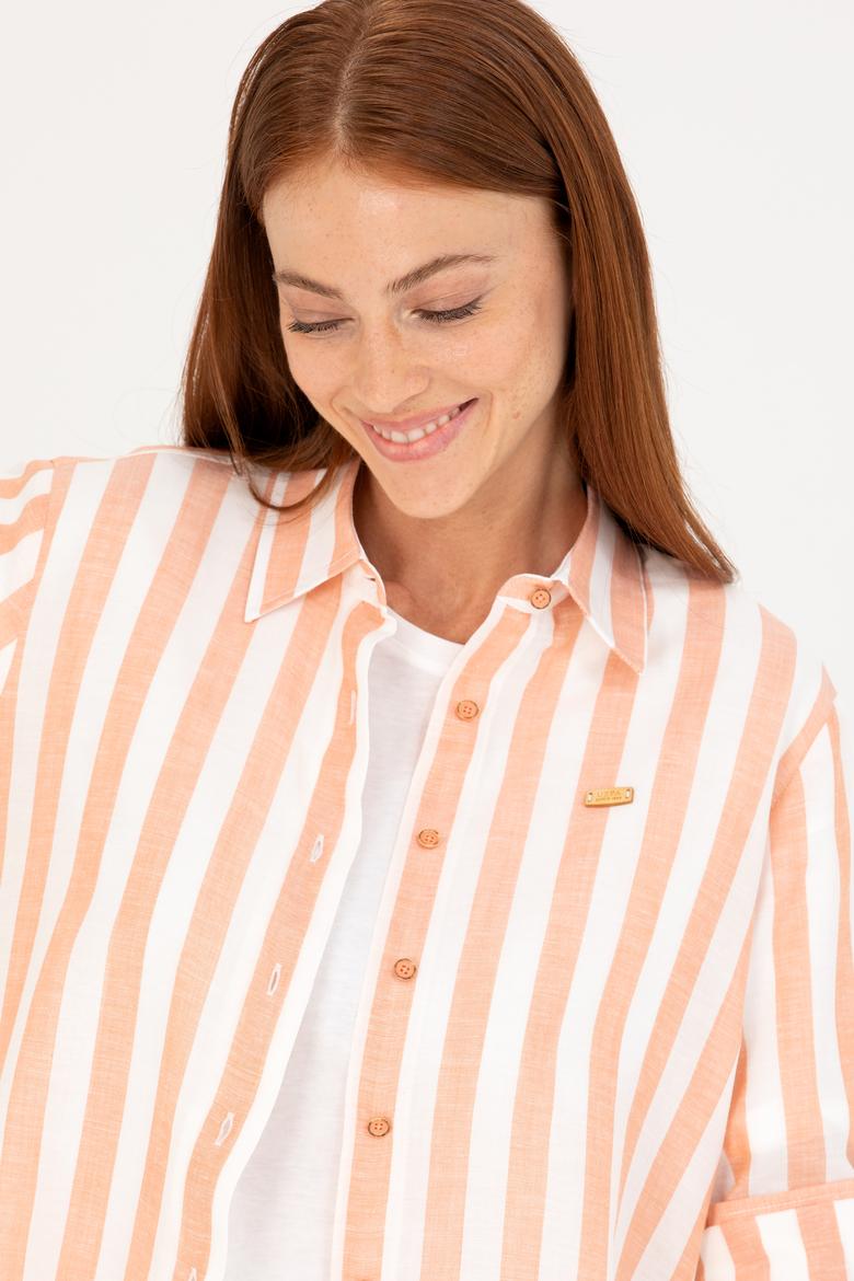 Kadın Kiremit Keten Görünümlü Uzun Kollu Gömlek - 50264441014