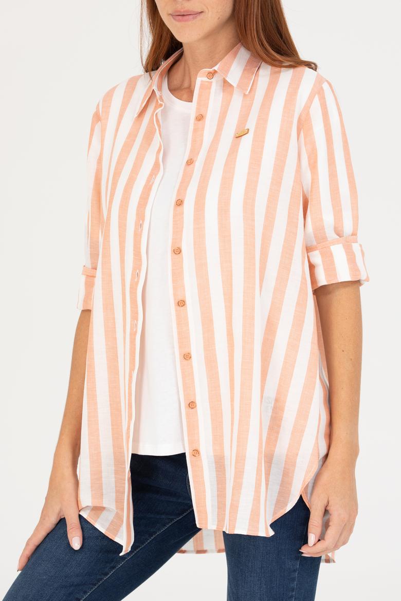 Kadın Kiremit Keten Görünümlü Uzun Kollu Gömlek - 50264441014