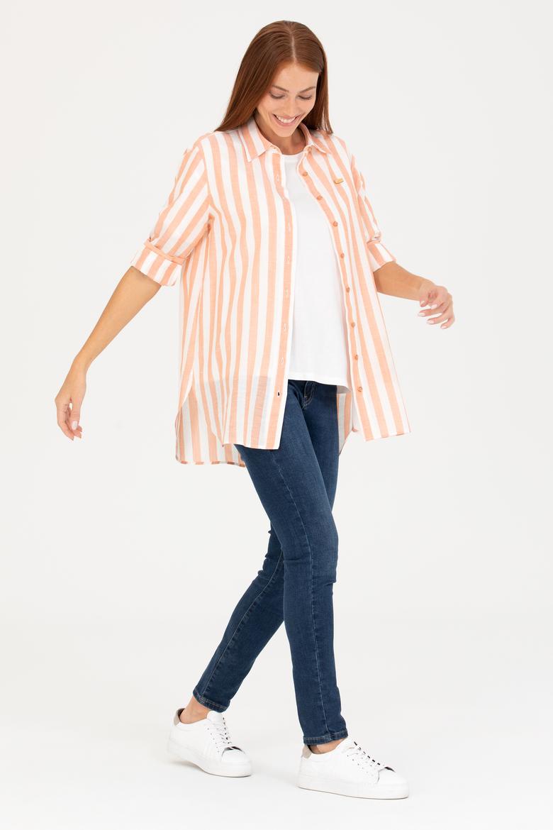 Kadın Kiremit Keten Görünümlü Uzun Kollu Gömlek - 50264441014