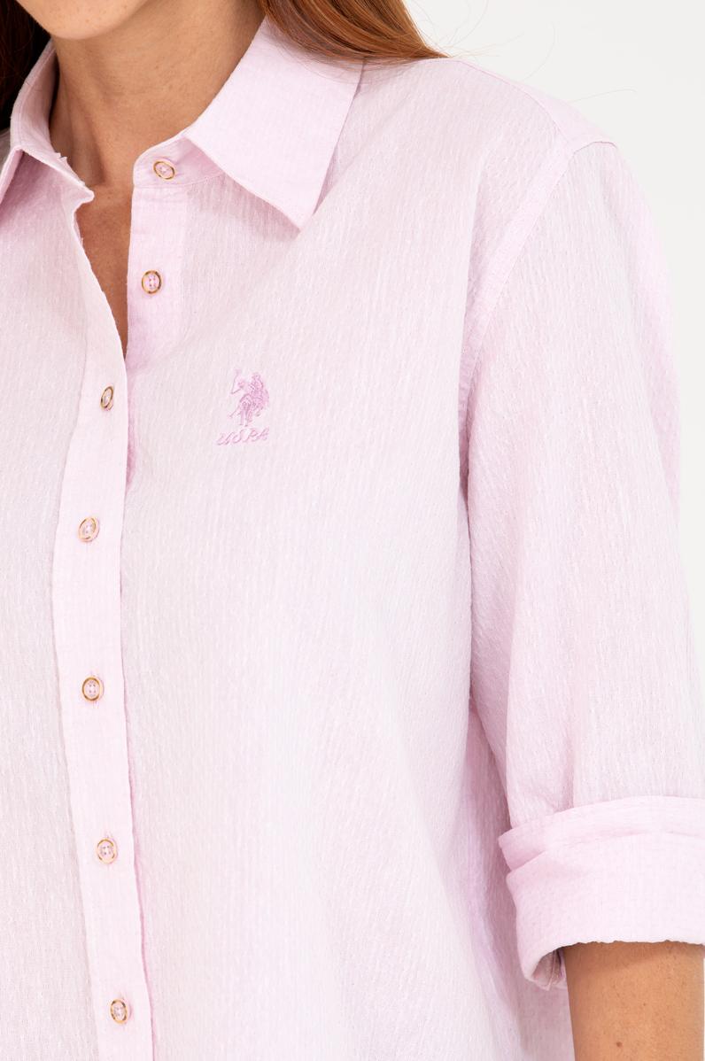 Kadın Manolya Keten Görünümlü Uzun Kollu Gömlek