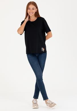 Kadın Siyah Bisiklet Yaka Tişört - 50266330065