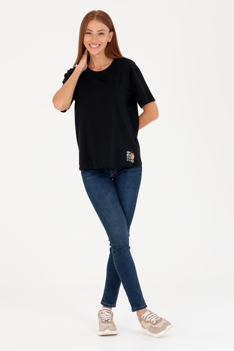 Kadın Siyah Bisiklet Yaka Tişört - 50266330065