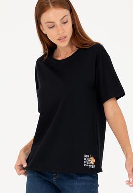 Kadın Siyah Bisiklet Yaka Tişört - 50266330065