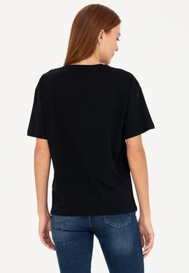 Kadın Siyah Bisiklet Yaka Tişört - 50266330065