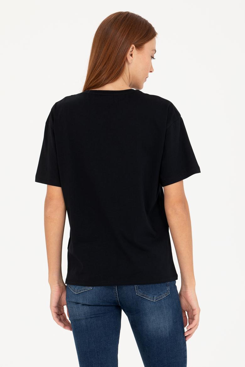 Kadın Siyah Bisiklet Yaka Tişört - 50266330065