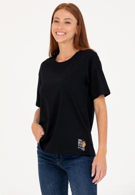 Kadın Siyah Bisiklet Yaka Tişört - 50266330065