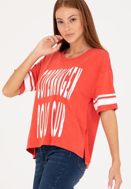 Kadın Kırmızı Bisiklet Yaka Tişört - 50264175020