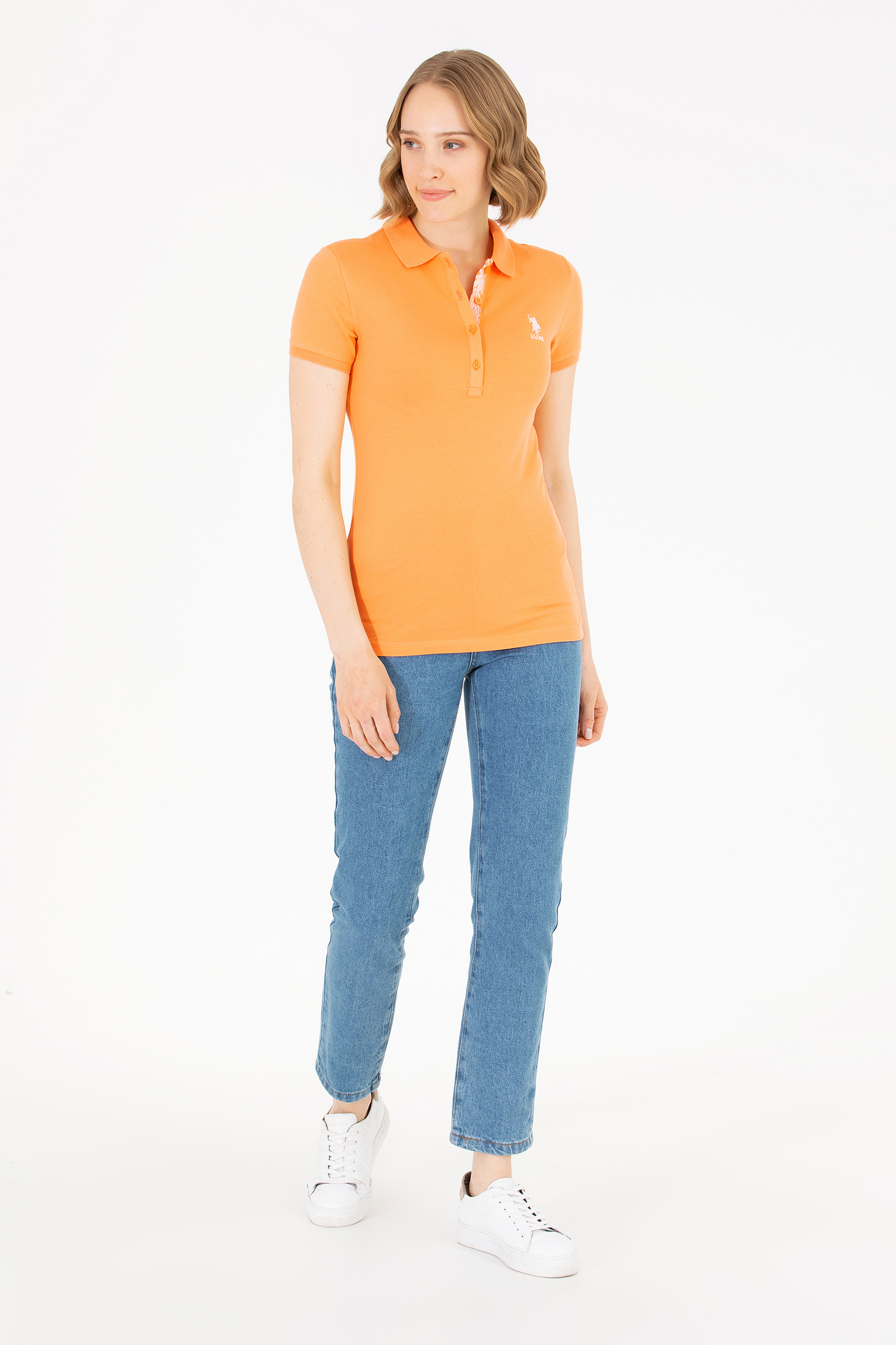 Kadın Turuncu Basic Polo Yaka Tişört - Image 5