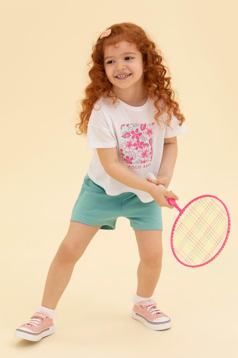 Kız Çocuk Beyaz Bisiklet Yaka Tişört