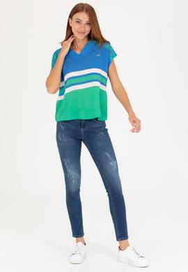 Kadın Saks V Yaka Tişört - 50263602019