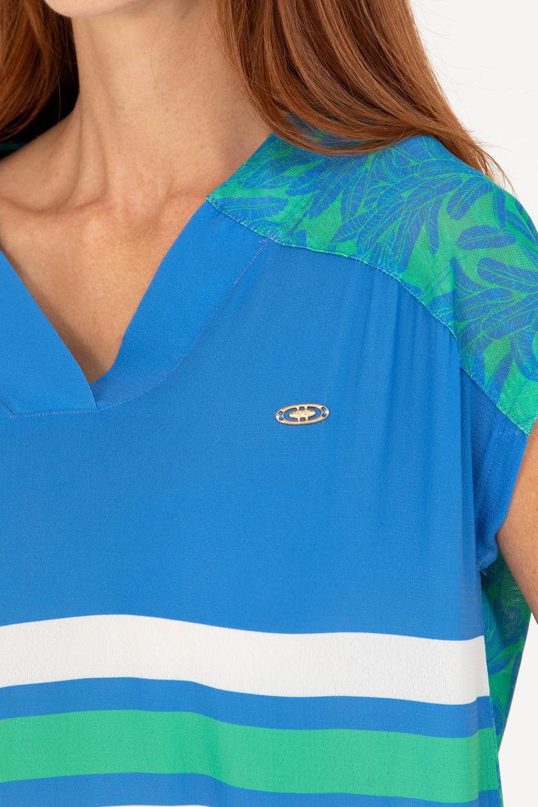 Kadın Saks V Yaka Tişört - 50263602019