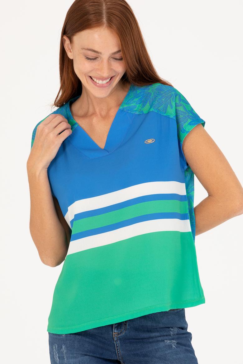 Kadın Saks V Yaka Tişört - 50263602019