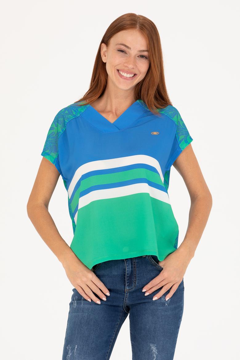 Kadın Saks V Yaka Tişört