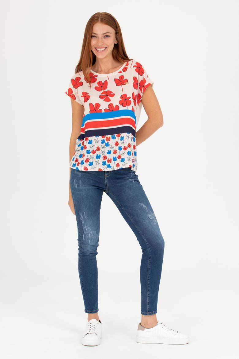 Kadın Krem Bisiklet Yaka Tişört - 50265947013