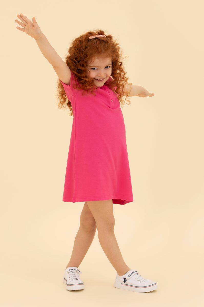Kız Çocuk Fuşya Polo Yaka Kısa Kol Örme Elbise