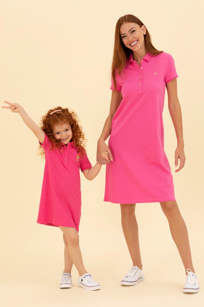Kız Çocuk Fuşya Polo Yaka Kısa Kol Örme Elbise