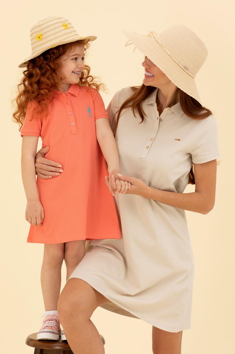 Kız Çocuk Somon Polo Yaka Kısa Kol Örme Elbise