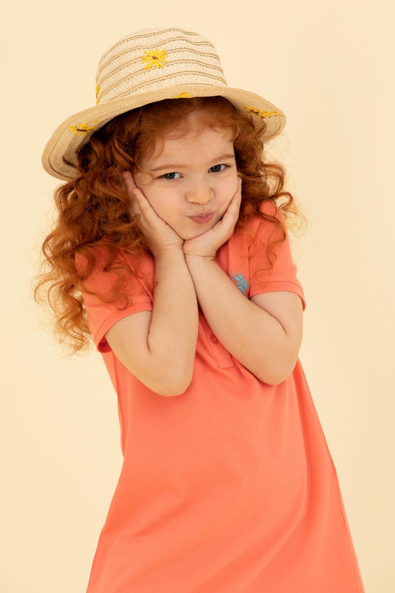 Kız Çocuk Somon Polo Yaka Kısa Kol Örme Elbise - 50271860012