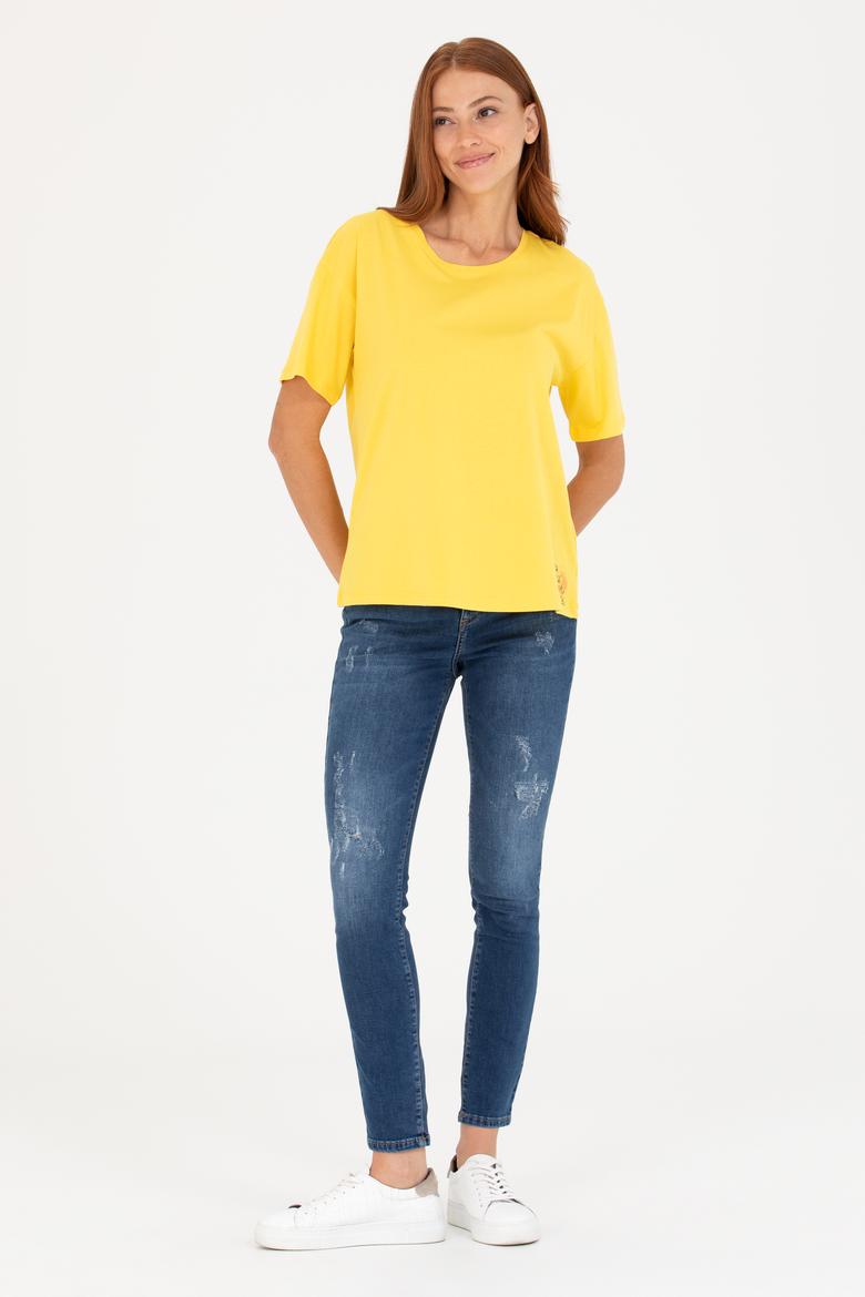 Kadın Sarı Bisiklet Yaka Tişört - 50266330060